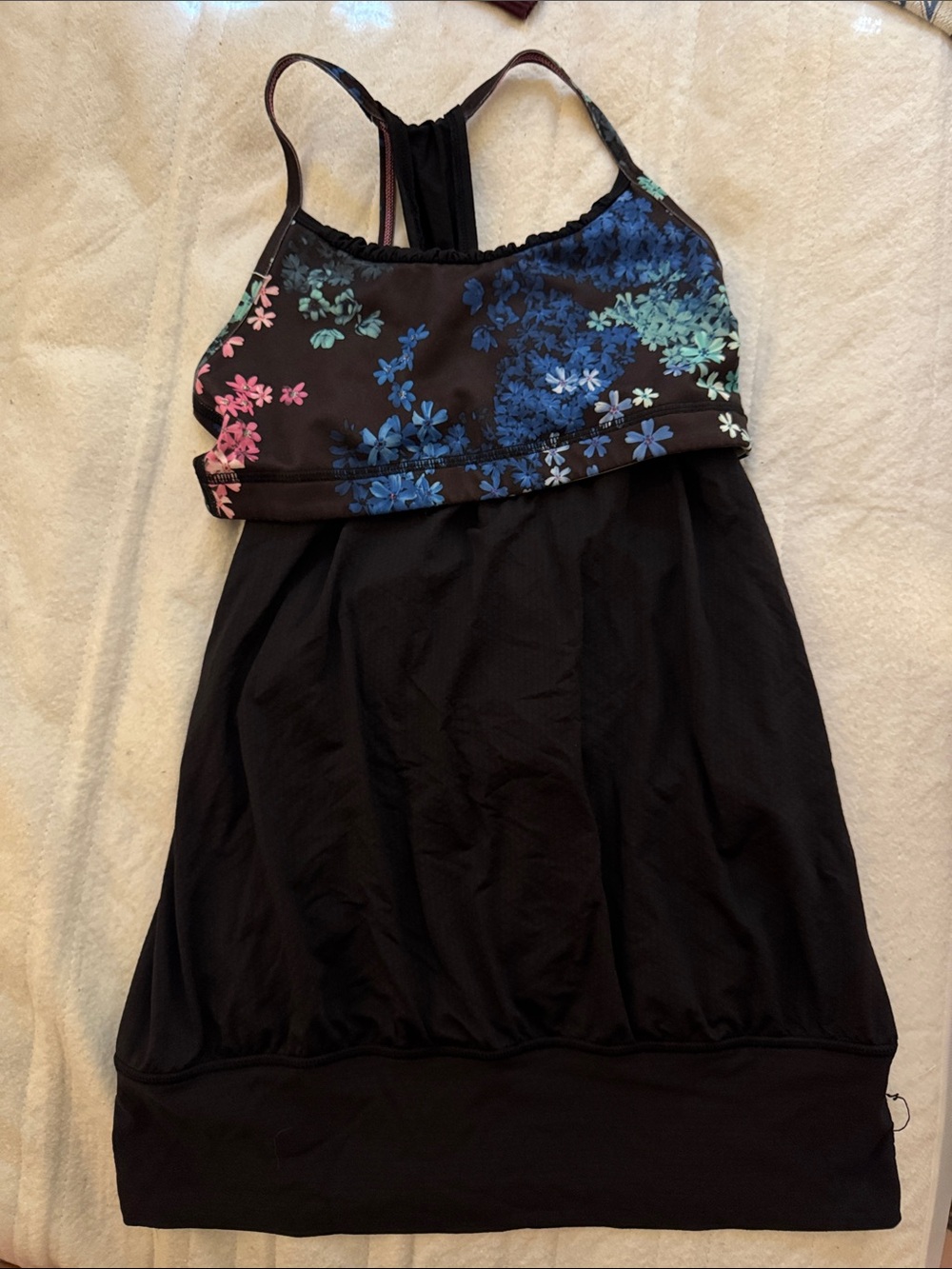 Black Floral-Print Women's Tank Top with Built-In Shelf Bra